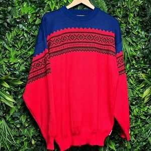 Vintage Obermeyer Thor Mens Large Wool Blend Fair Isle Ski Sweater Red Blue 3702